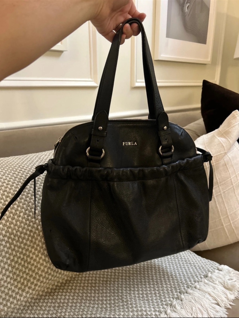 Vintage Furla Black Leather Drawstring Tote Bag